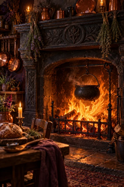 A carved black-stone kitchen hearth with a cauldron, herbs, rustic bread, and a phoenix formed in the living fire