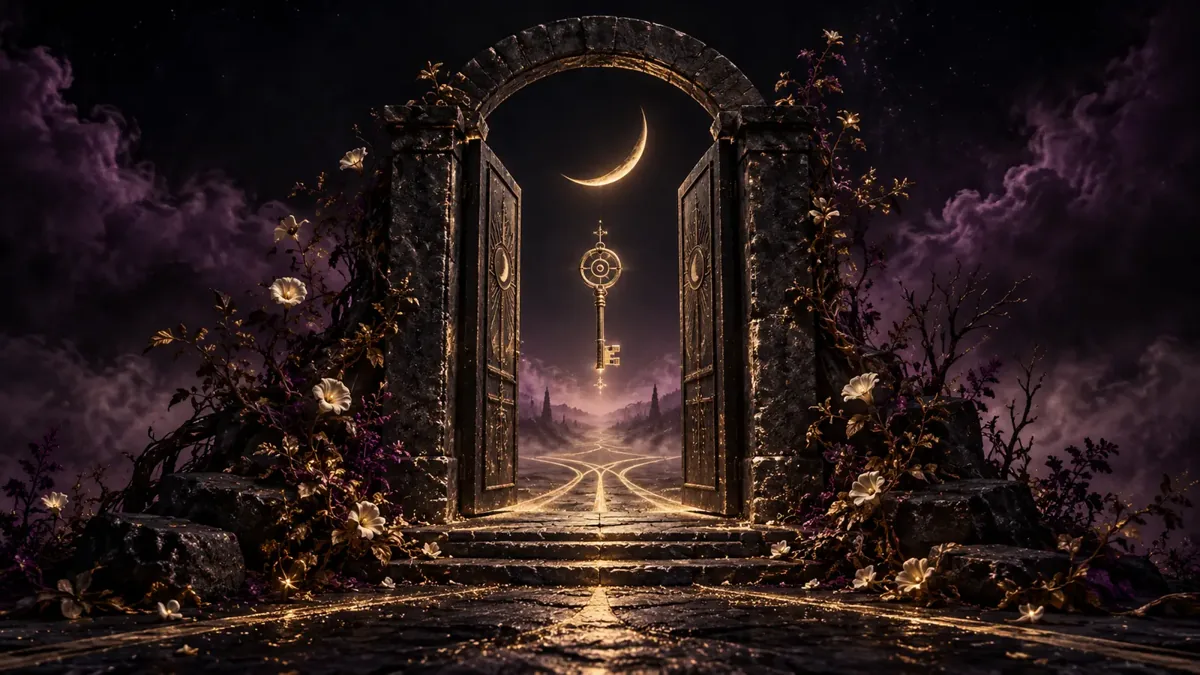 An ancient moonlit threshold opening onto three golden roads beneath a suspended key